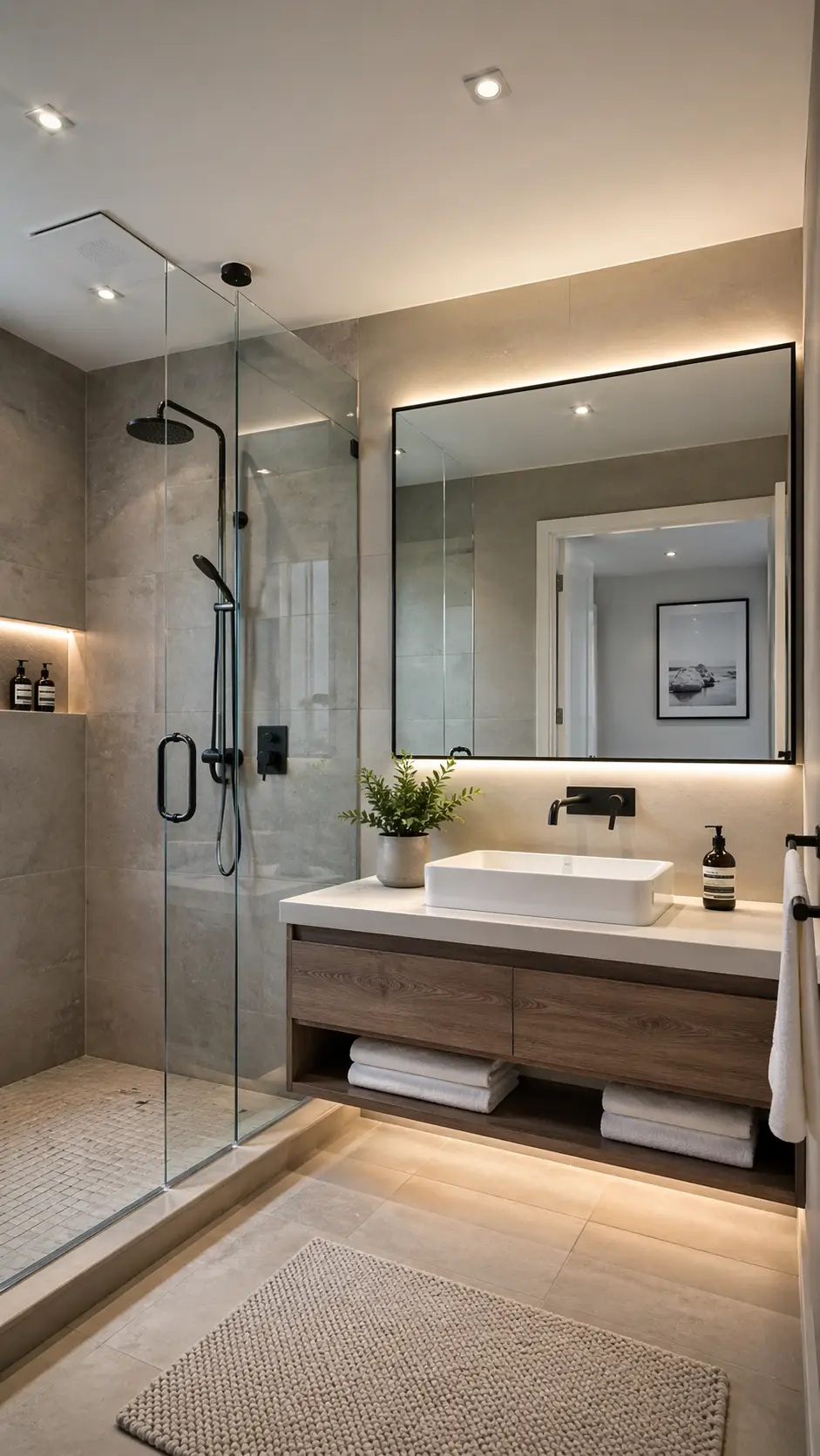 Reforma de baño con mueble de madera suspendido, grifería negra y ducha de cristal en Barcelona